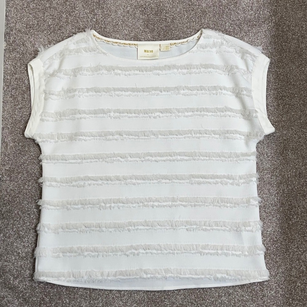 Maeve Anthropologie White Eyelash Fringe Textured Cap Sleeve Blouse Top Size 0
